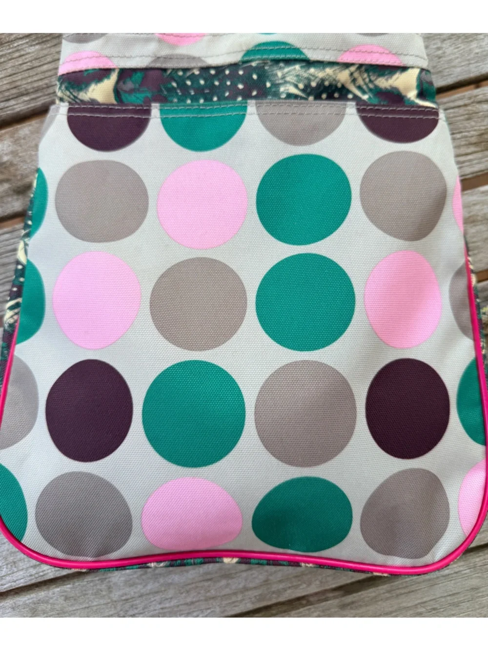 Kavu Polka Dot Crossbody Bag in Pink, Teal, Brown and Gray